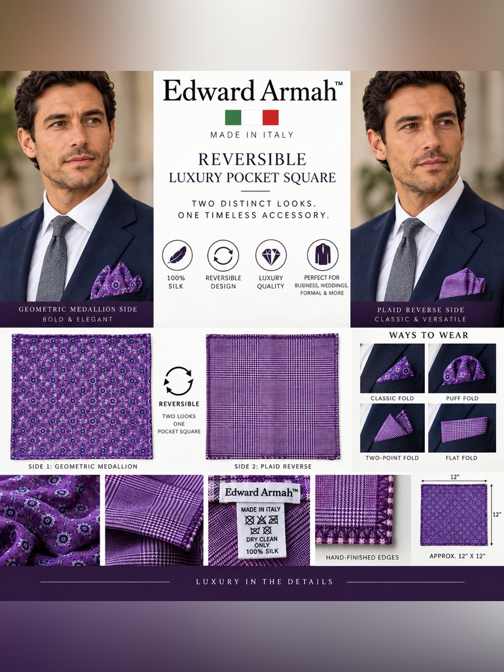 Edward Armah 100% Silk Pocket Square Purple Geometric Plaid Reversible